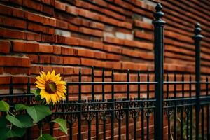 a sunflower is on a fence near a brick wall. AI-Generated photo