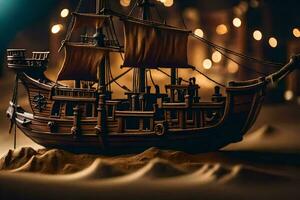 a model of a pirate ship on a sandy beach. AI-Generated photo