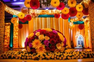 un vistoso Boda etapa con flores y decoraciones generado por ai foto