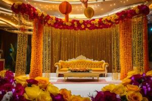 a wedding stage decorated with yellow and orange flowers. AI-Generated photo