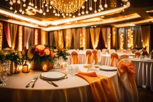 a banquet room with orange and gold decor. AI-Generated photo