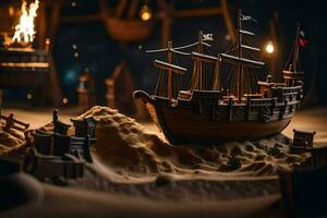 a model of a pirate ship in the sand. AI-Generated photo