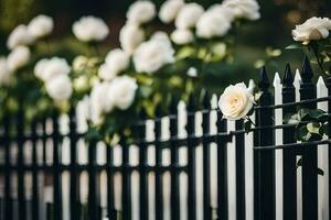 blanco rosas son creciente en el cerca de un casa. generado por ai foto