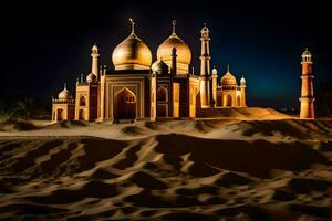 a mosque in the desert at night. AI-Generated photo