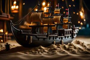 a model of a pirate ship in the sand. AI-Generated photo