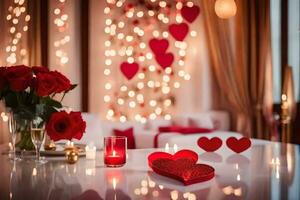 valentine's day table setting with red hearts and candles. AI-Generated photo