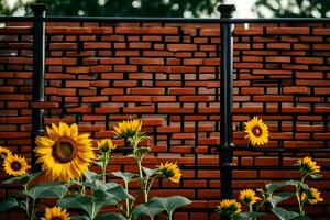 sunflowers in front of a brick wall. AI-Generated photo