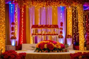 a colorful wedding stage with flowers and lights. AI-Generated photo