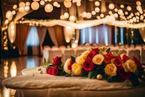 a wedding reception with colorful flowers and lights. AI-Generated photo