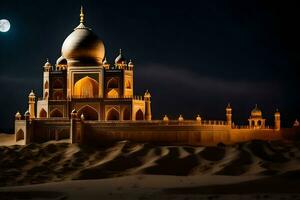 el taj mahal es iluminado arriba a noche. generado por ai foto