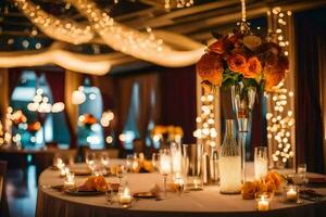 un mesa con velas y flores en un habitación. generado por ai foto