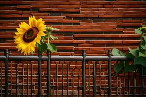 two sunflowers are on a fence near a brick wall. AI-Generated photo