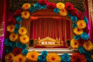 a colorful stage decorated with paper flowers. AI-Generated photo