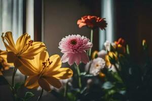 flowers in a vase by the window. AI-Generated photo