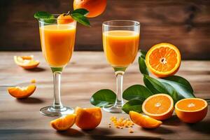 orange juice with fresh orange slices on wooden table. AI-Generated photo