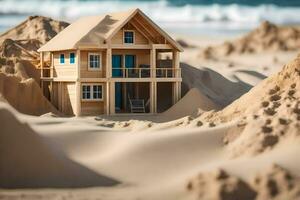 a miniature house in the sand on the beach. AI-Generated photo