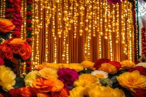 flowers and garlands are arranged in front of a stage. AI-Generated photo