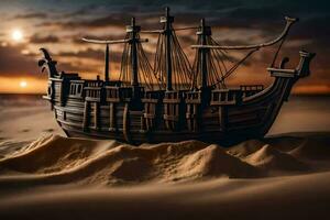 a model ship sits on the sand at sunset. AI-Generated photo