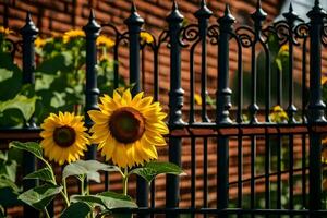 sunflowers in front of a wrought iron fence. AI-Generated photo