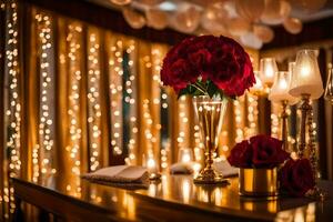 un mesa con velas y flores en él. generado por ai foto