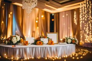 un mesa con velas y flores en frente de un candelabro. generado por ai foto