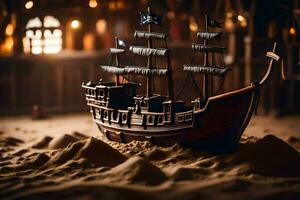 un modelo de un pirata Embarcacion en un arenoso área. generado por ai foto