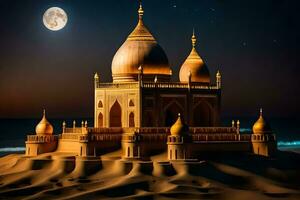 the moon is shining over a sand dune with a castle in the background. AI-Generated photo