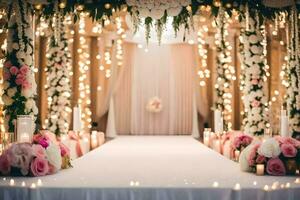 a wedding aisle decorated with pink flowers and candles. AI-Generated photo