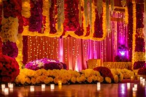 a colorful wedding stage with candles and flowers. AI-Generated photo