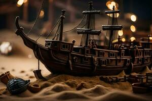 a model of a pirate ship in the sand. AI-Generated photo