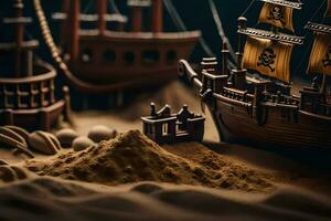 a model of a pirate ship in the sand. AI-Generated photo