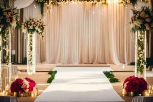 un Boda ceremonia con un blanco pasillo y rojo flores generado por ai foto