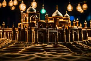 sand castle made out of sand and lights. AI-Generated photo