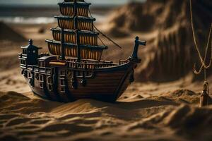 a model ship sits on the sand in the desert. AI-Generated photo