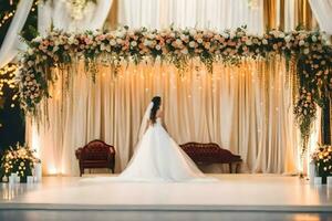 a bride standing in front of a wedding stage with flowers. AI-Generated photo