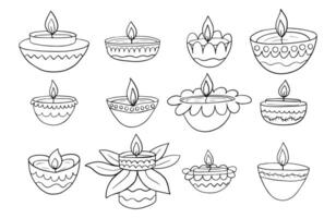 Diwali deepak different sketch set. Vector doodle Happy Diwali lamps hand drawn set