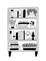 Hand drawn doodle bookshelf isolated. Vector bookshelf sketch with books and home decor