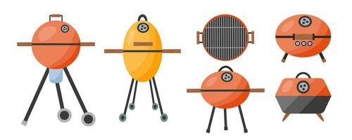 Vector portable grill equipment set. Stand grill bbq flat style set.