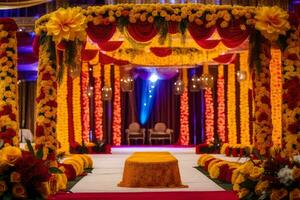 indian wedding ceremony with red and yellow flowers. AI-Generated photo