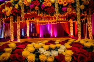 a colorful wedding stage with flowers and lights. AI-Generated photo