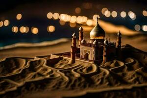 a miniature mosque in the desert with lights. AI-Generated photo