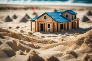 a small house on the beach with sand dunes in the background. AI-Generated photo