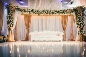 an elegant wedding stage with white couches and flowers. AI-Generated photo