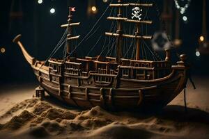 a wooden model of a pirate ship in the sand. AI-Generated photo