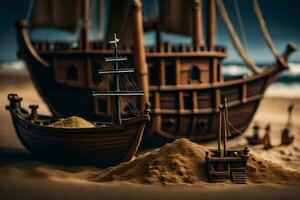 a miniature ship and sand dunes on the beach. AI-Generated photo