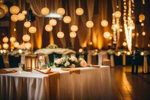 a wedding reception table with candles and lanterns. AI-Generated photo