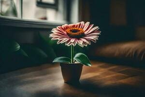 a flower sitting in a pot on a table. AI-Generated photo