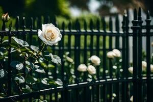 white roses in a black wrought fence. AI-Generated photo