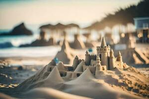 un arena castillo en el playa con un playa sombrilla. generado por ai foto