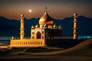 the moon rises over the taj mahal in the desert. AI-Generated photo